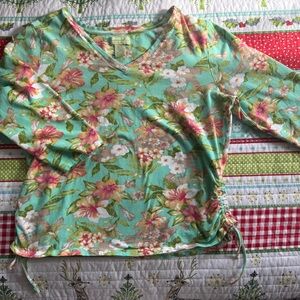 Caribbean Joe Floral V-Neck Ruched Side Top Size XL